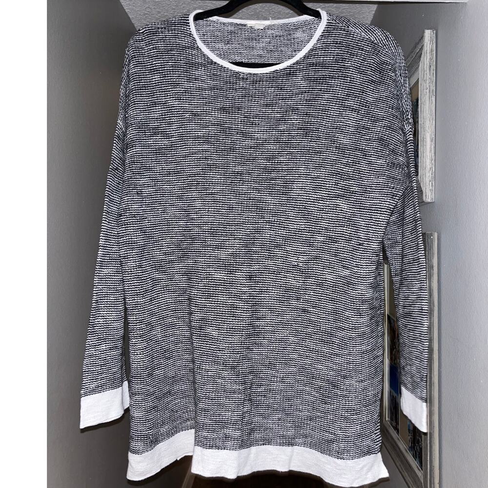 Eileen Fisher Organic Linen Cotton Open Weave Sweater S Black Crewneck (380)